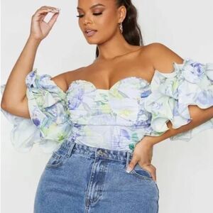 PRETTY LITTLE THING Off-the-Shoulder Floral Puff Sleeve Chiffon Crop Top - 26